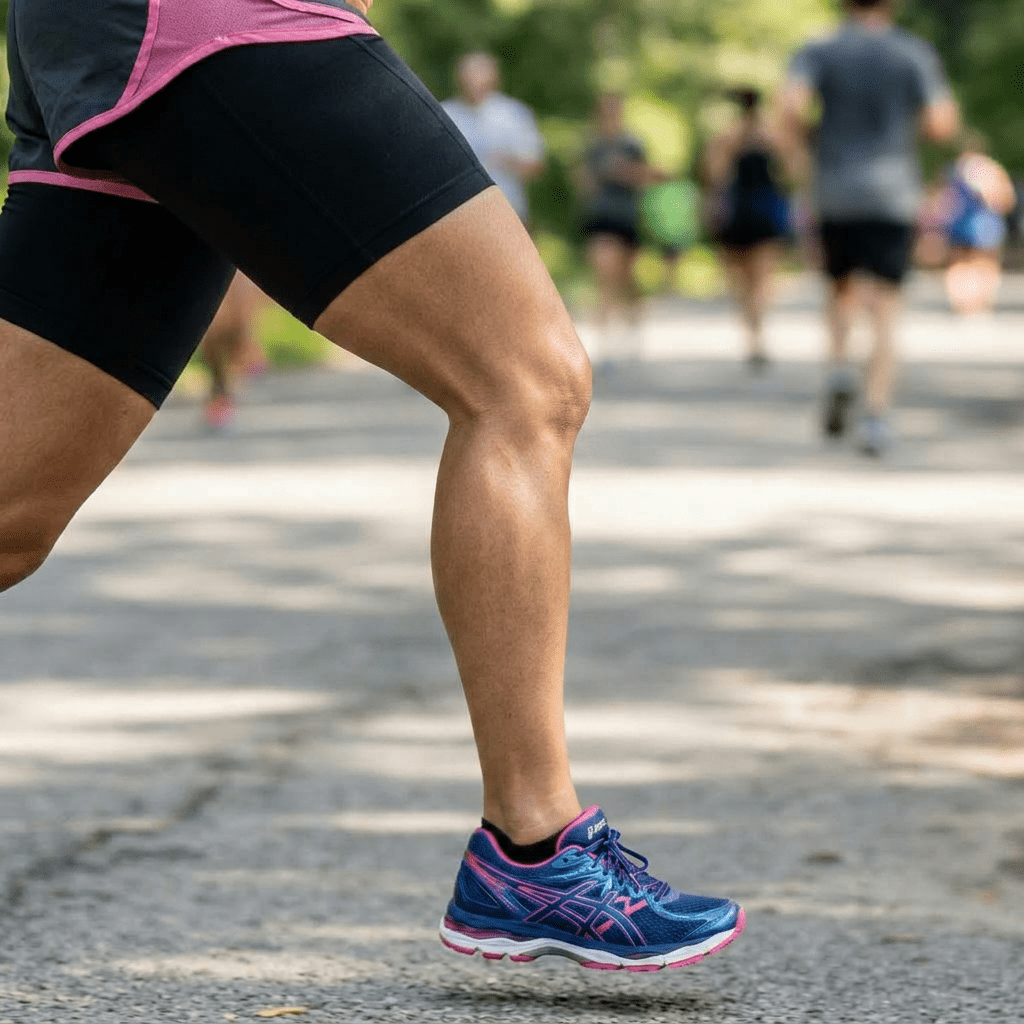 Woman running on a paved park path wearing orange shirt, black and pink shorts, and colorful running shoes