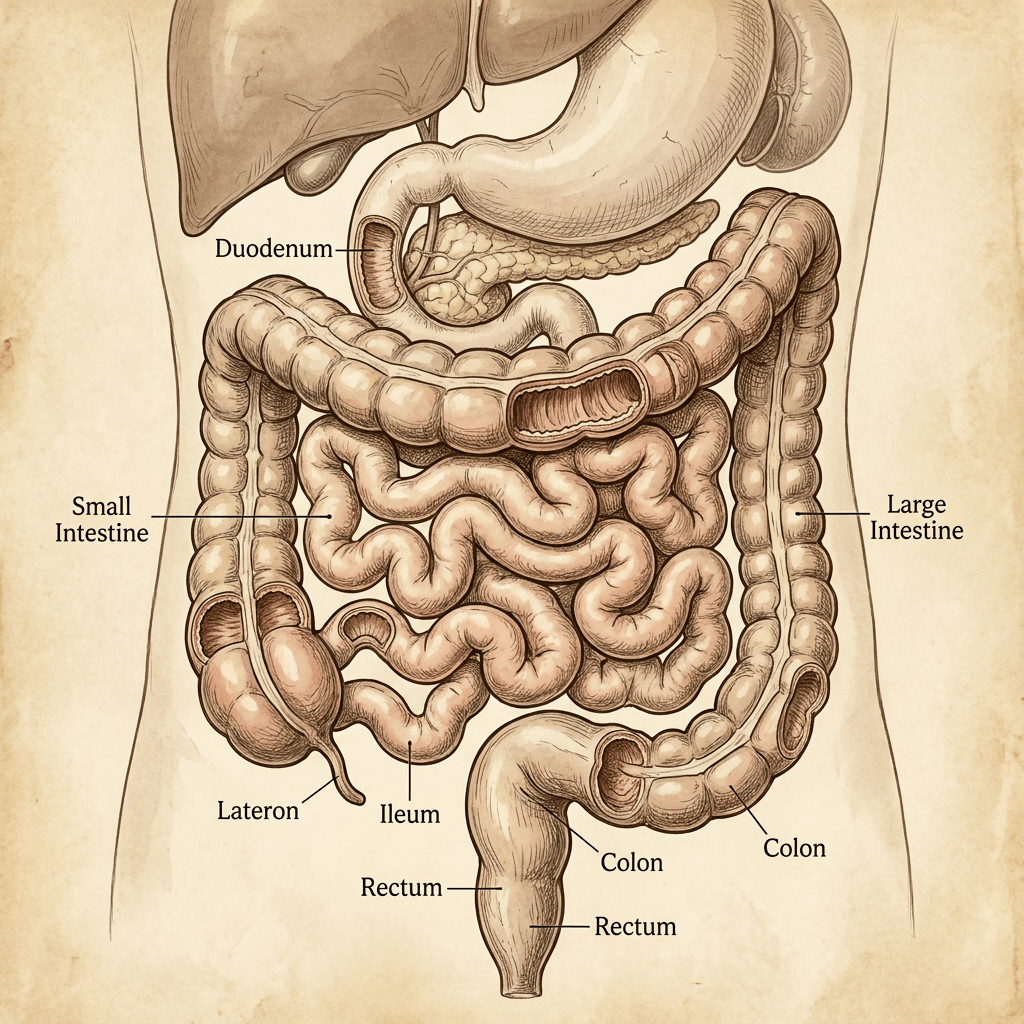 Anatomical illustration of the human digestive system with labels for duodenum, small intestine, ileum, lateron, large intestine, colon, and rectum.